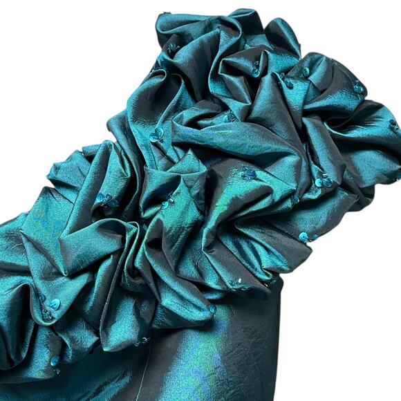 Daymor Couture Size 10 Ruffle Teal Metallic Gown Off The Shoulder Long Formal - Picture 10 of 10